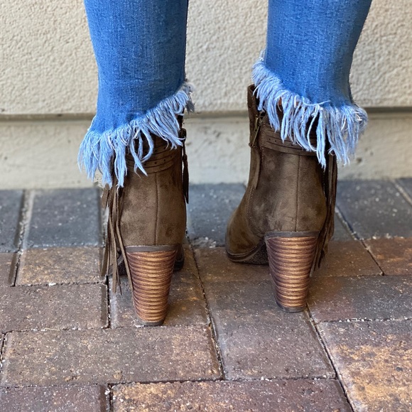 Military Green Fringe Laser Cut Block Heel Booties - Picture 10 of 10
